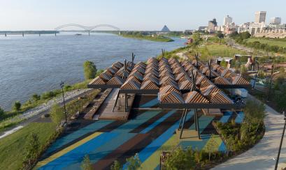 aerial photo of new tom lee park with sunset canopy