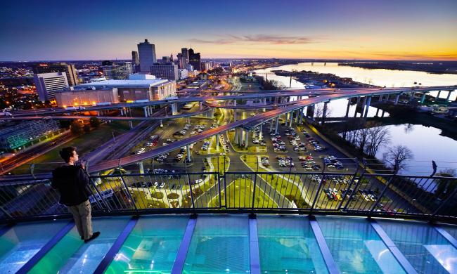 view from the look out at pyramid overlooking memphis skyline