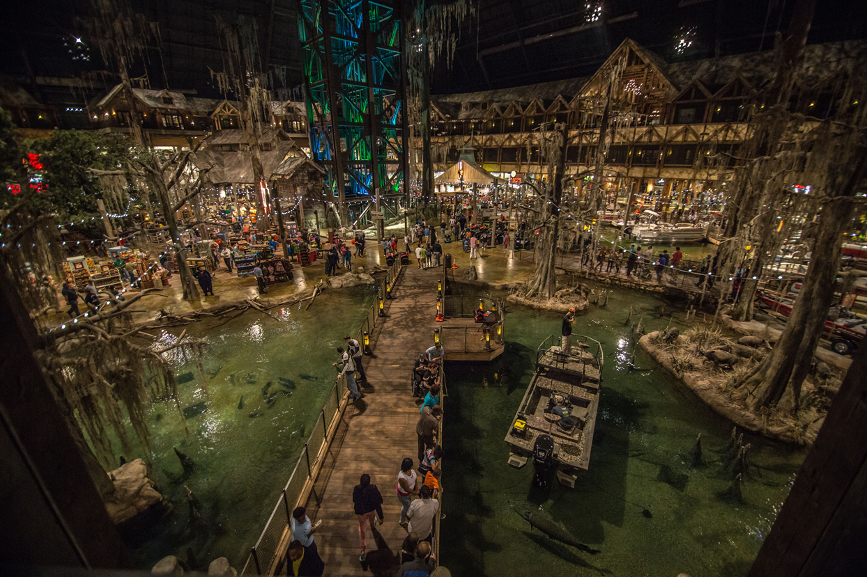 Bridge over looking the pond inside Bass Pro Shops at the Pyramid.