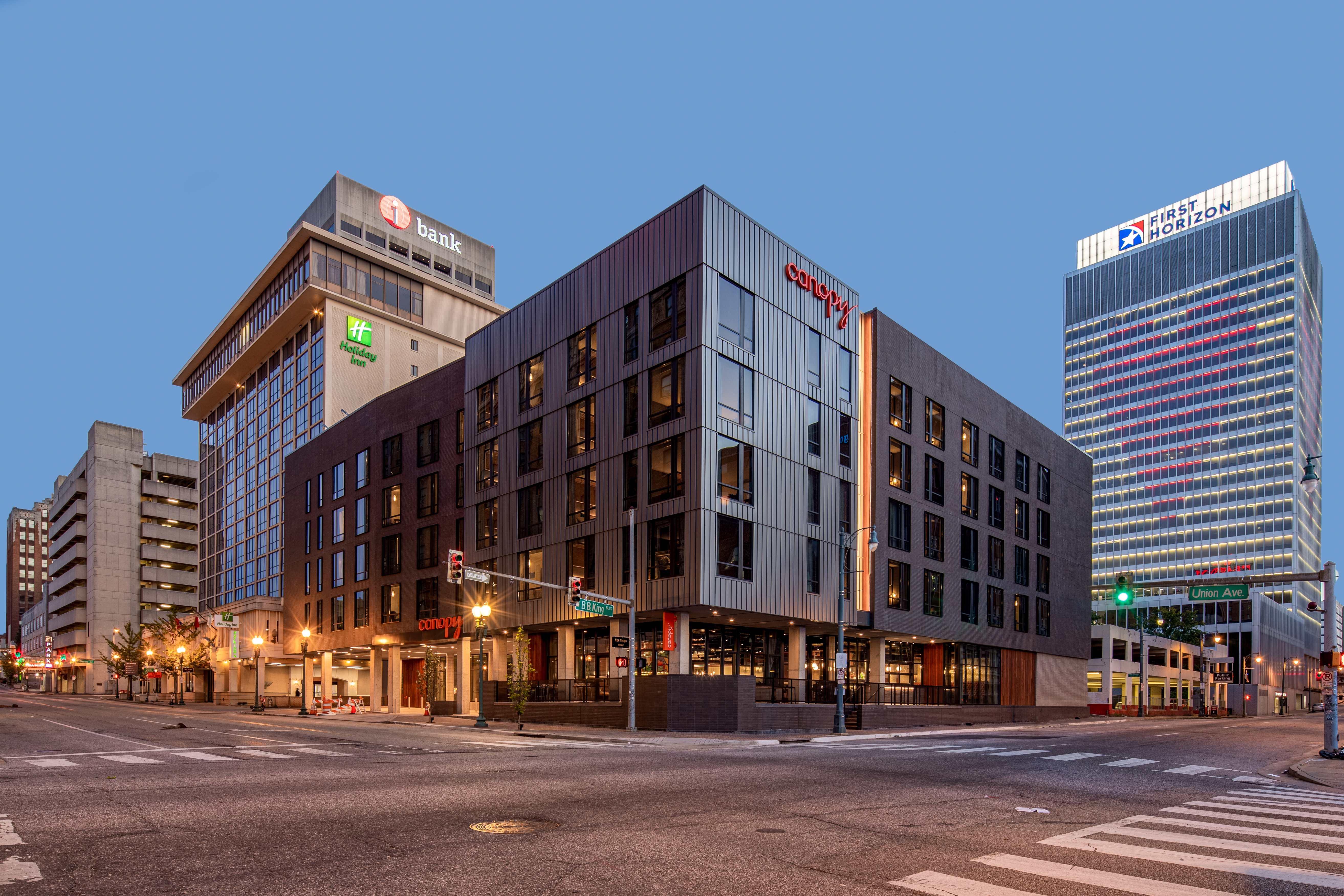 Exterior view of five story Canopy by Hilton Hotel in downtown Memphis at the corner of BB King and Union Ave