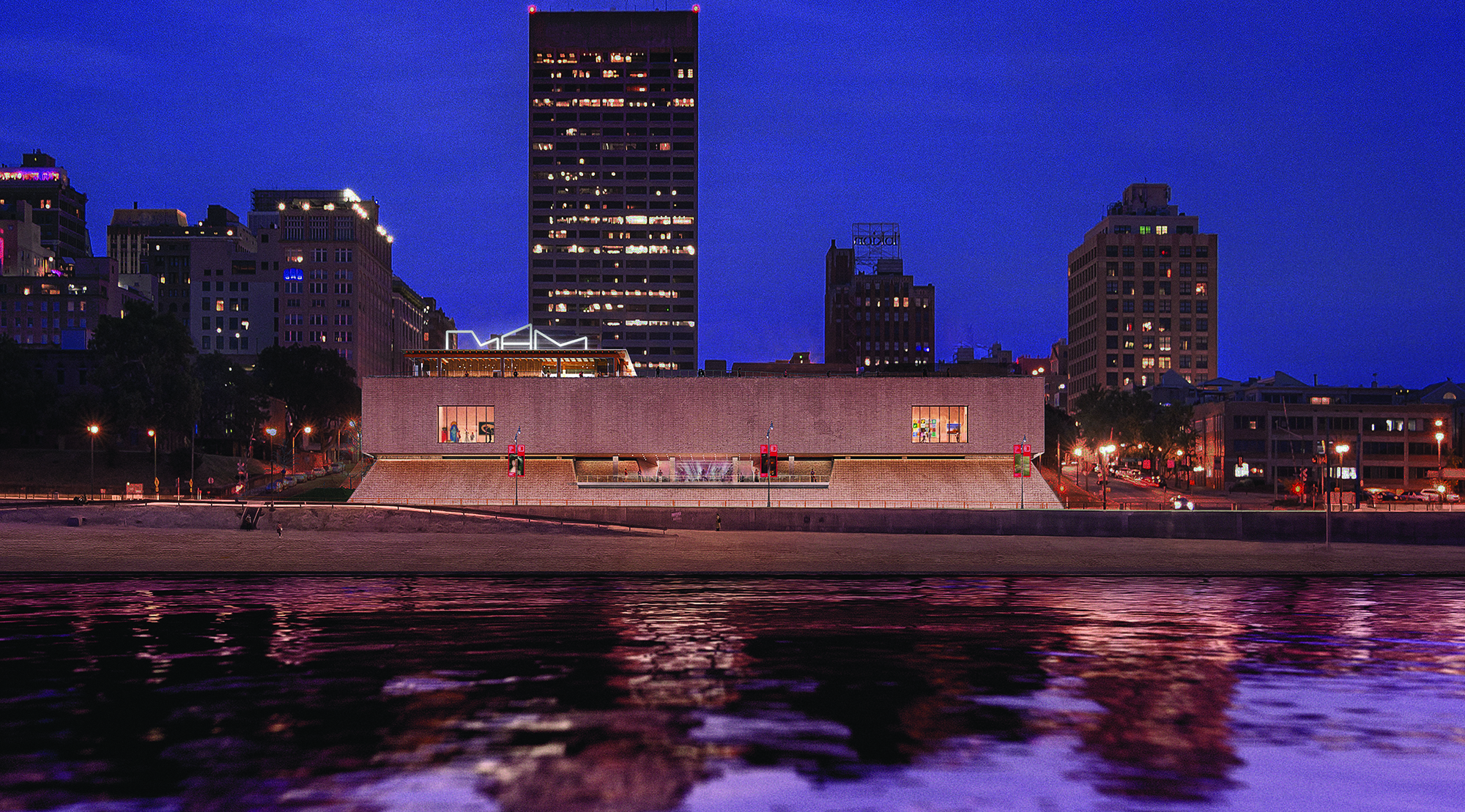 A rendering of Memphis Art Museum on the Mississippi Riverfront in downtown Memphis, with buildings in the background. The Brooks Museum of Art is set to move and reopen as Memphis Art Museum in December 2026. 
