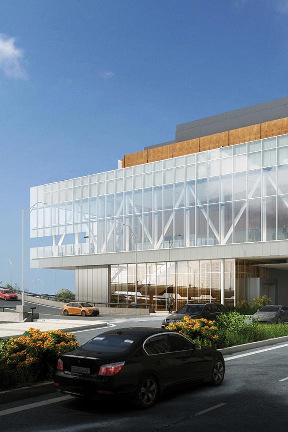 A rendering of the exterior of Memphis' Renasant Convention Center as seen from Front Street