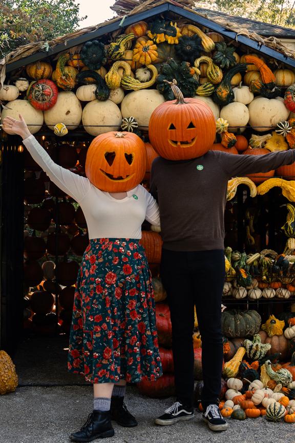 Two People putting pumpkin on their heads 
