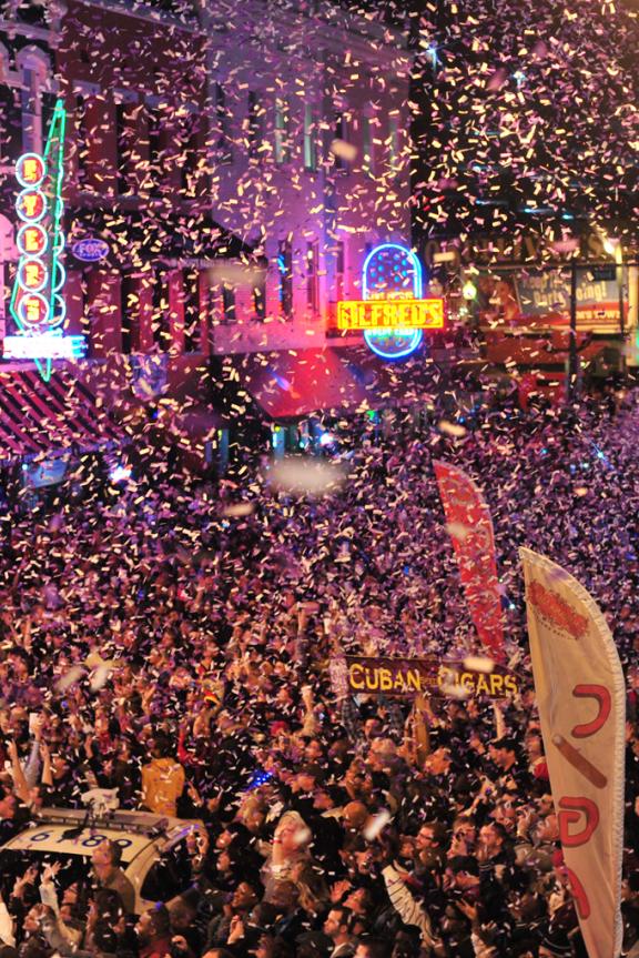 Crowd celebrating New Year's Eve on Beale Street.