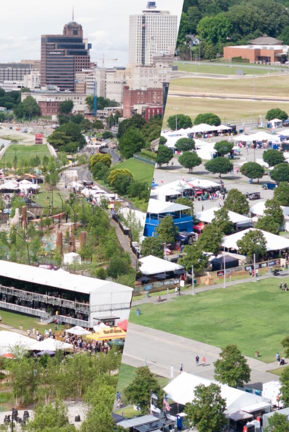 A split image of aerial shots of both the SmokeSlam on the Mississippi River and the World Championship Barbecue Contest at Liberty Park.