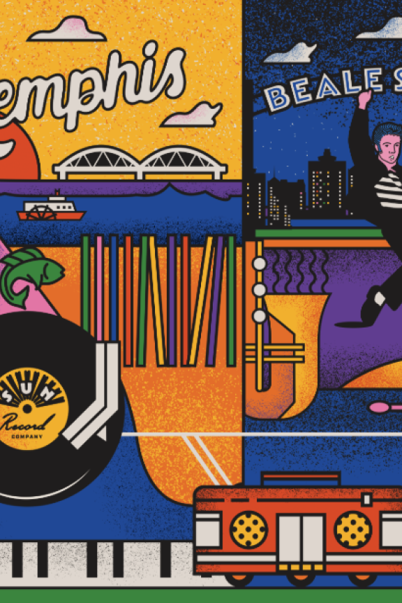 Graphic illustration of Beale Street and Memphis icons