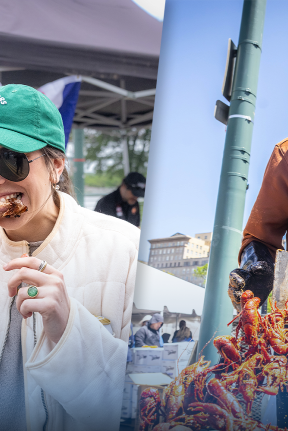 two images showing women eating wings and man working crawfish belt