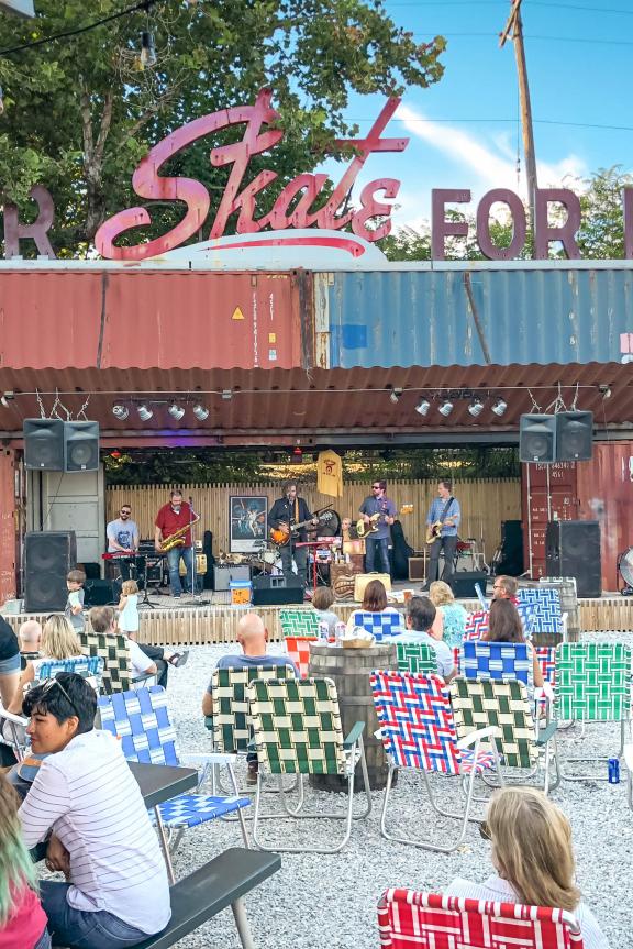 Memphis musician Mark Edgar Stuart plays live on the yard stage of Railgarten, a restaurant and live music venue in Midtown Memphis.
