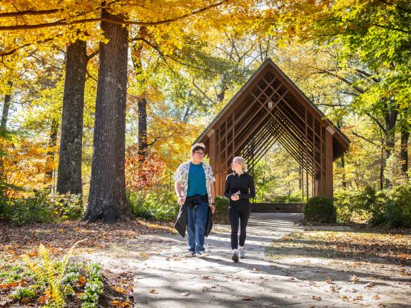 a couple walks through Memphis Botanic Garden during the fall foliage