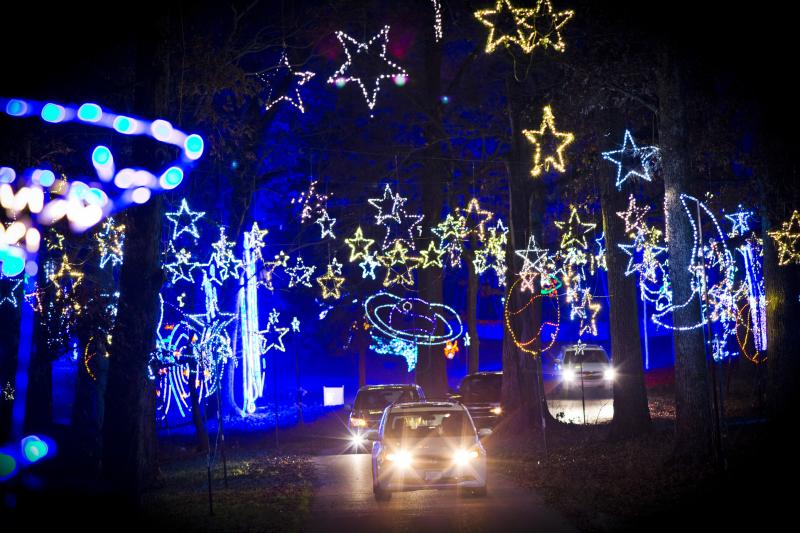 cars driving through blue and gold holiday lights at Shelby Farms at night