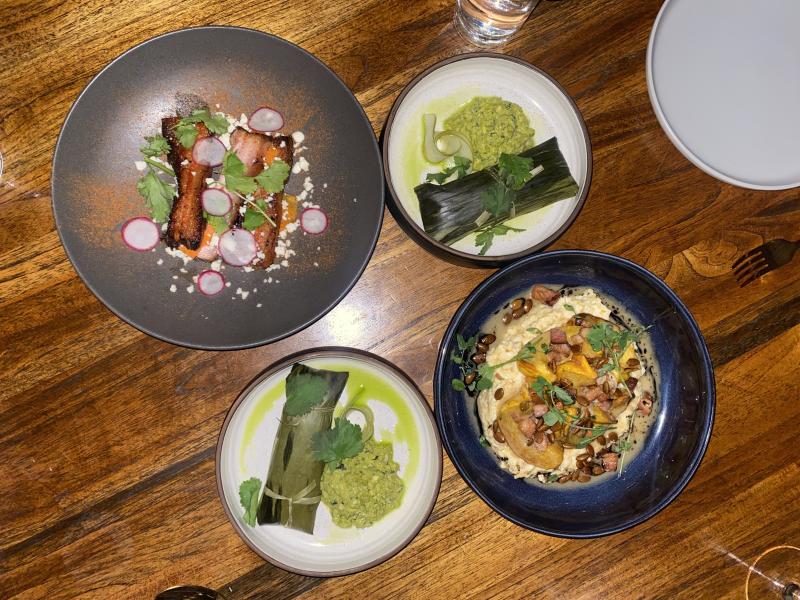 Photos of apps from The Lobbyist (tamales, corn hash & pork belly)