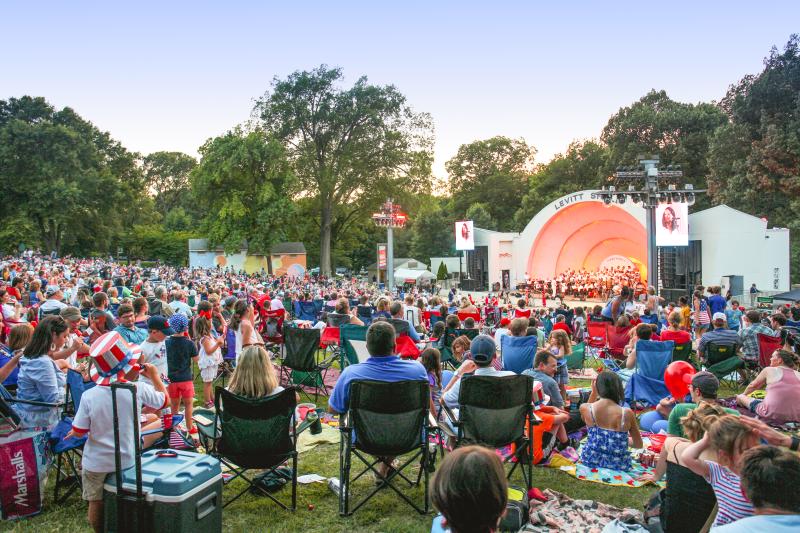 Hundreds of people sitting in lawn chairs in front of overton park shell stage