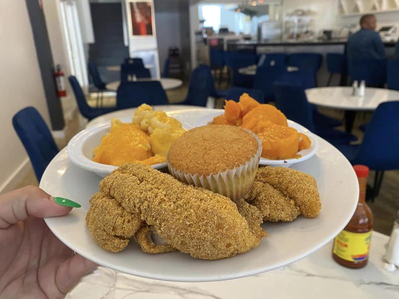 plate of fried catfish, sweet potatoes and Mac n cheese