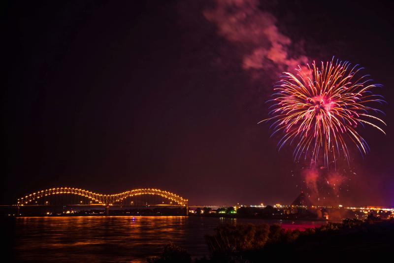 hernando desoto bridge with fireworks
