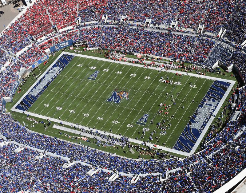 An aerial view of Simmons Bank Liberty Stadium filled with fans during a Memphis Tigers football game.
