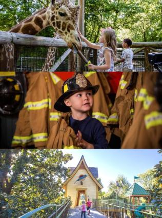 A child feeding a giraffe at Memphis Zoo, another in a fire fighter costume at the Children's Museum of Memphis and more playing at My Big Backyard at Memphis Botanic Garden, highlighting the Memphis Kids Pass.