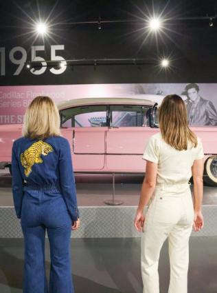 Fans in front of Elvis' pink cadillac.