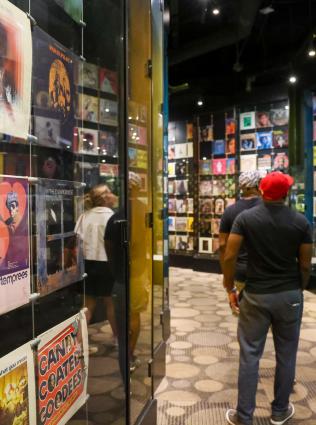 Guests looking at exhibits at the Stax Museum of American Soul Music.