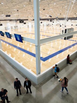 aerial photo of basketball court inside memphis sports and events center