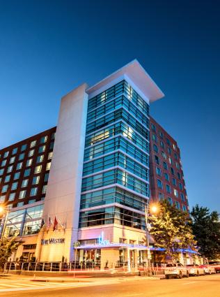 exterior of Westin hotel at night
