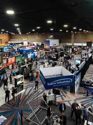 overhead shot of NATE Unite Conference activated in ballroom space 