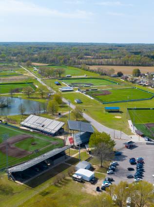 aerial view of multiple baseball fields at USA Baseball Stadium