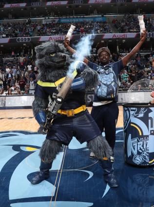 grizzlies mascot fires t-shirt gun