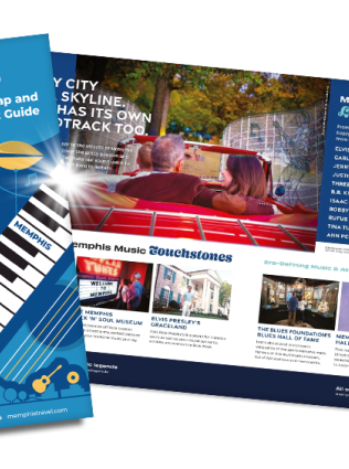 A preview of the 2026 Memphis Map & Tourist Guide, showing the cover and one inside spread on Memphis music legends.