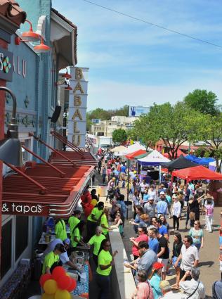 aerial shot of crawfish festival of people walking around