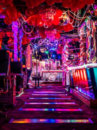 Neon decorations at Paula & Raiford's Disco.