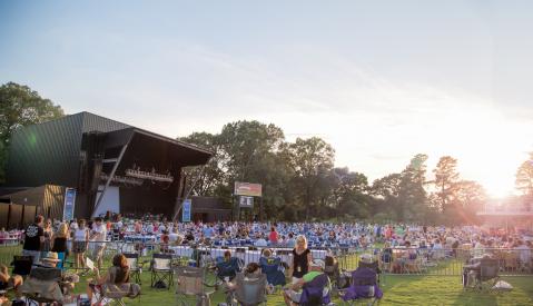 crowd of people on grassy lawn at Botanic Garden with music stage