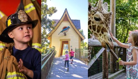 A collage of three images, featuring a child at the Fire Museum, kids playing at My Big Backyard at Memphis Botanic Garden and a girl feeding a giraffe at Memphis Zoo.