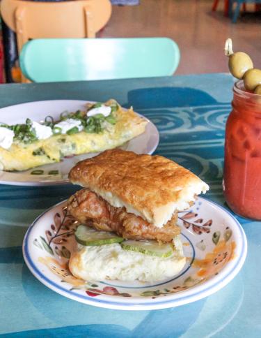 biscuit and omellet and Bloody Mary at sunrise