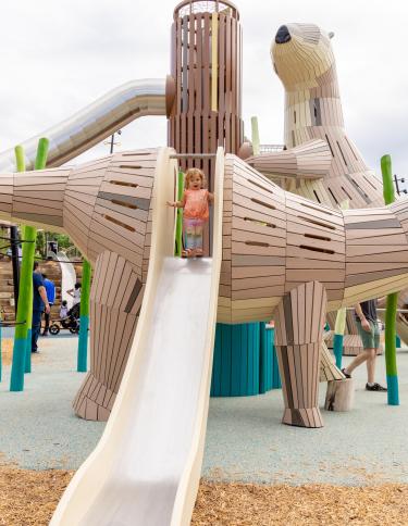 A slide swoops down from an otter-themed playground structure at Memphis' Tom Lee Park