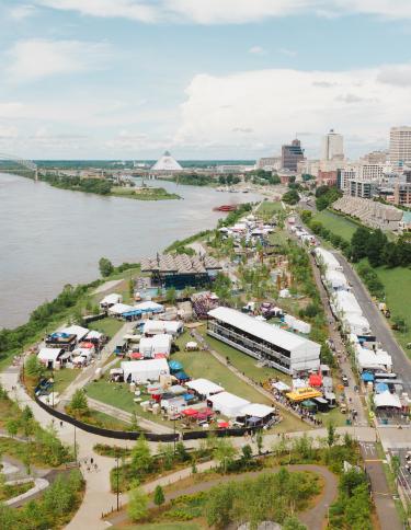 aerial look at smokeslam bbq festival set at tom lee park along the Mississippi River