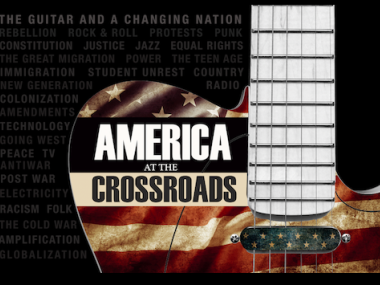 graphic photo of the exhibit logo on a guitar