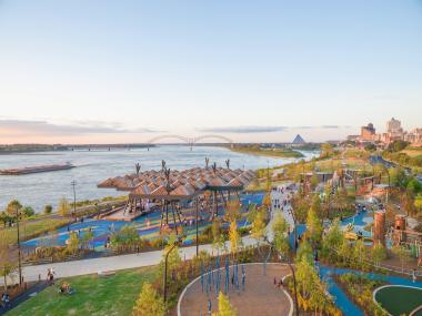 Aerial view of Tom Lee Park, the Mississippi River and the downtown Memphis skyline.