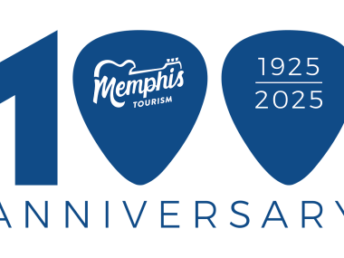 100 anniversary memphis travel logo designed with guitar picks as the zeros