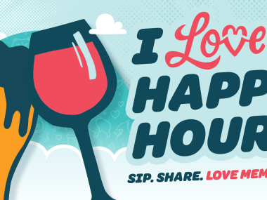 I love happy hour event graphic with a beer and glass of wine