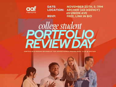 "AAF College student Portfolio" with red background and pictures of 4 studnets beneath