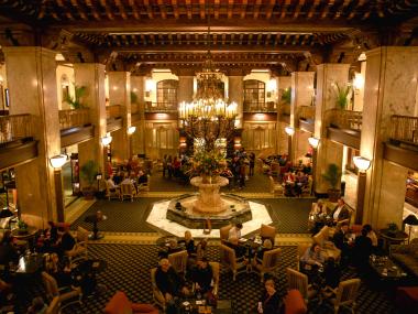 interior shot of peabody lobby with duck fountain