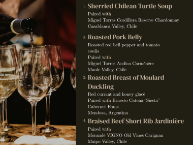 Paulette's Wine Dinner Menu with a picture of wine glasses being filled with a white wine