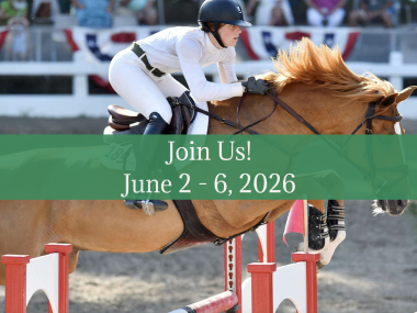Woman wearing alll white uniform riding a brown horse with a green banner across the screen that says "Join Us! June 2-6"