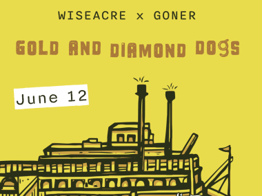 gold and diamond dogs on a yellow background with a drawing of a riverboat
