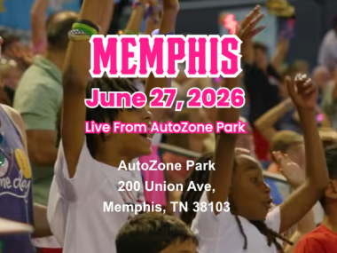 Boom Ball, Memphis, June 26, 2026 in pink letters over a picture of a crowd of baseball fans