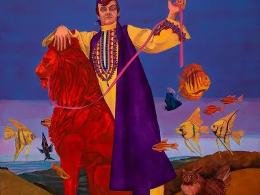 cartton picture of man in cone hat, wearing a purple robe  riding a red lion
