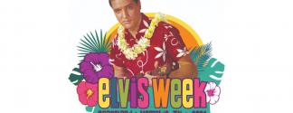 Elvis Week logo with multi colored letters and Elvis in a Hawaiian shirt and lei