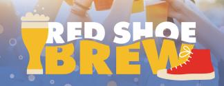 Red Shoe Brew in white and yellow letter with a yellow cartoon of a bubble beer and a red shoe converse cartoon