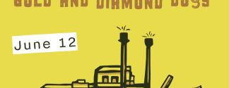gold and diamond dogs on a yellow background with a drawing of a riverboat