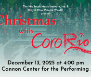 Event Graphic for Christmas with CoroRio on December 13th at The Cannon Center for the Performing Arts.
